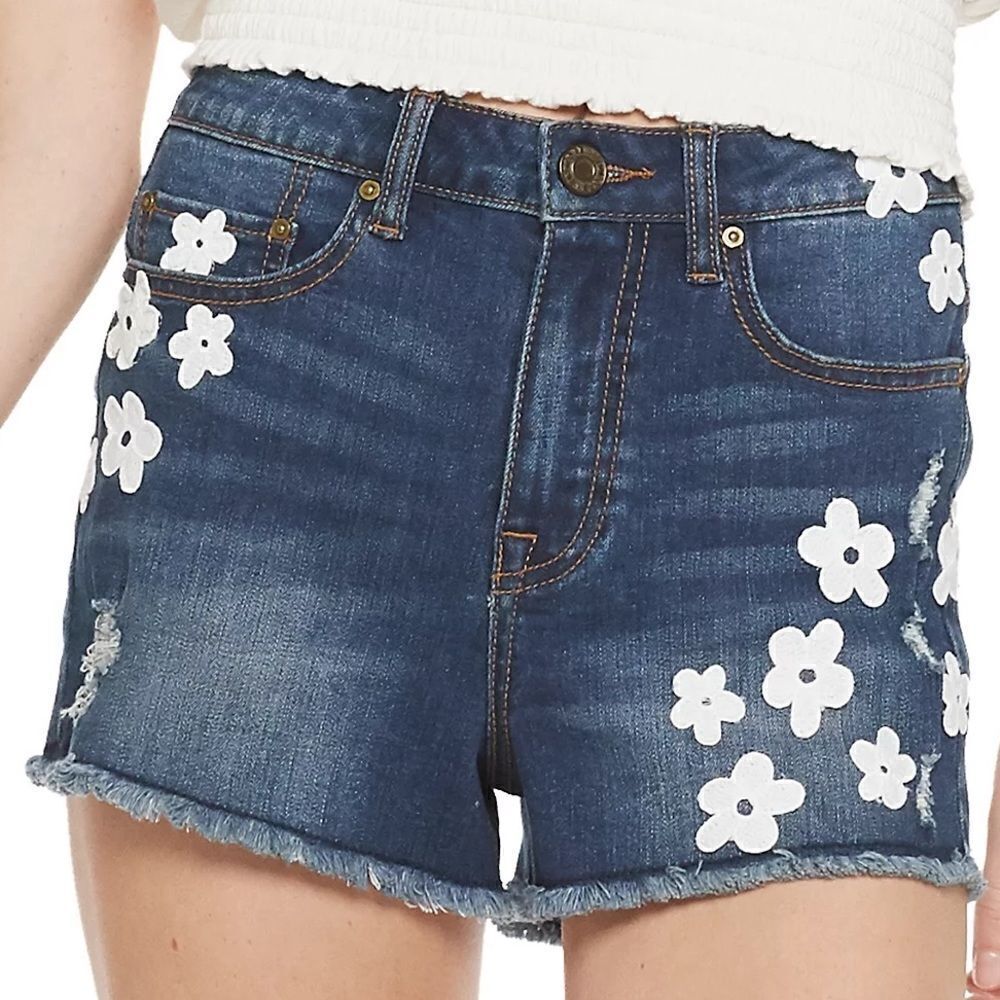 Indigo Rein Junior’s Dark Wash Flower Applique Denim Shorts Sz 9 Waist 29
